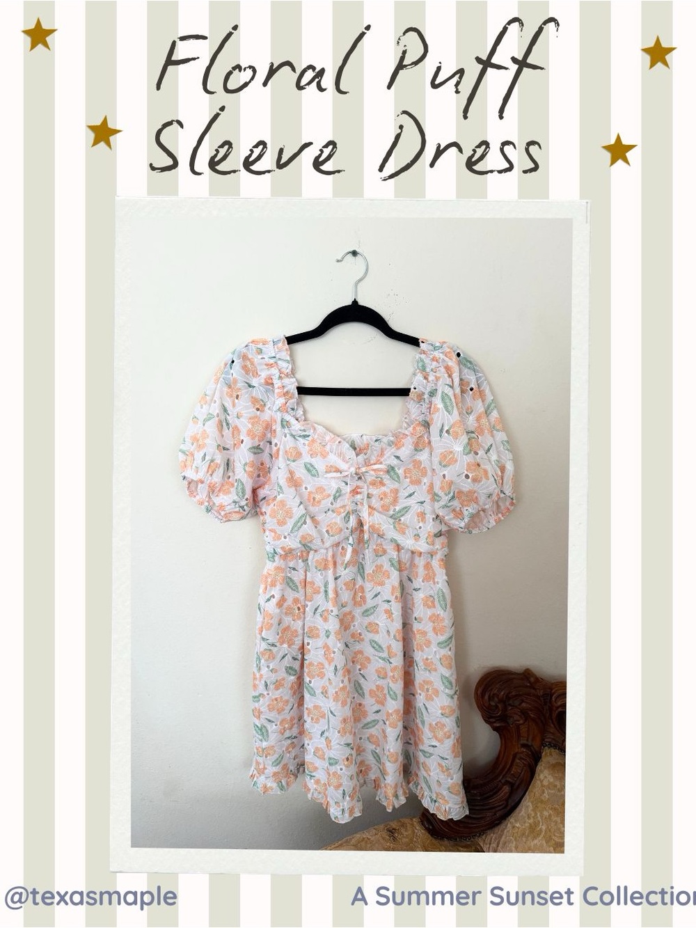 Altar’d State White Floral Puff Sleeve Dress with Peach Flowers